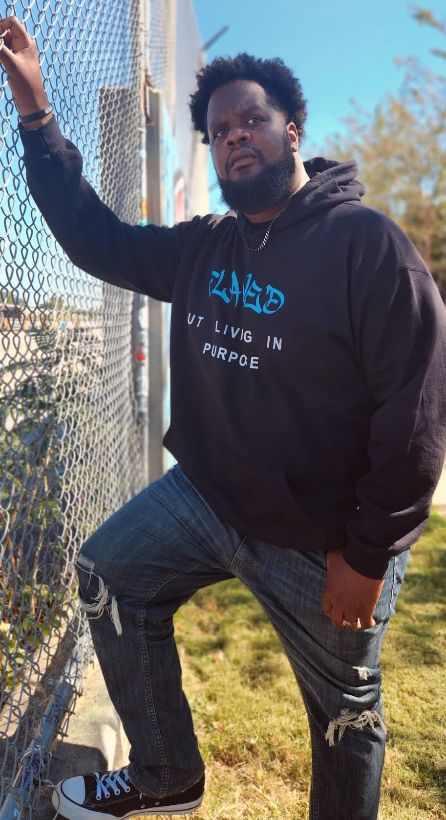 Flawed but Living in PURPOSE Blue Hoodie (Pre-Order)